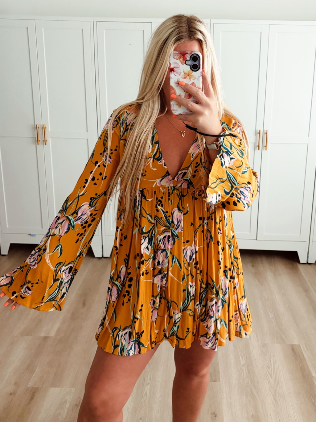 Nwt Yellow Pink And Black Floral Long Bell Sleeve Dress